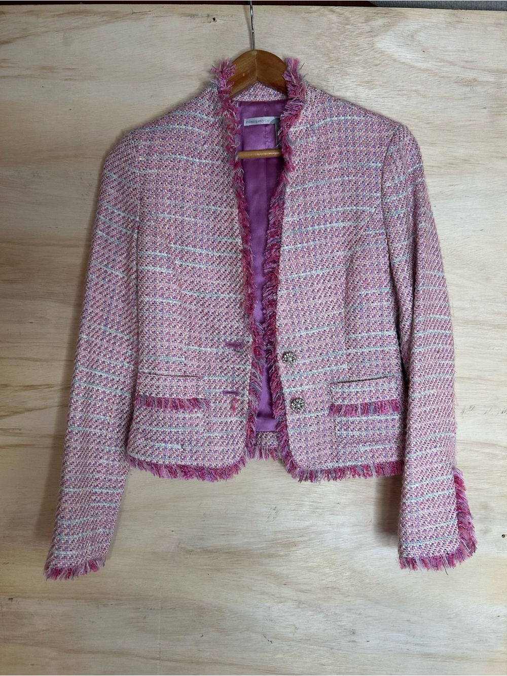 Classiques Entier Pink Tweed Fringe Blazer Jacket XS